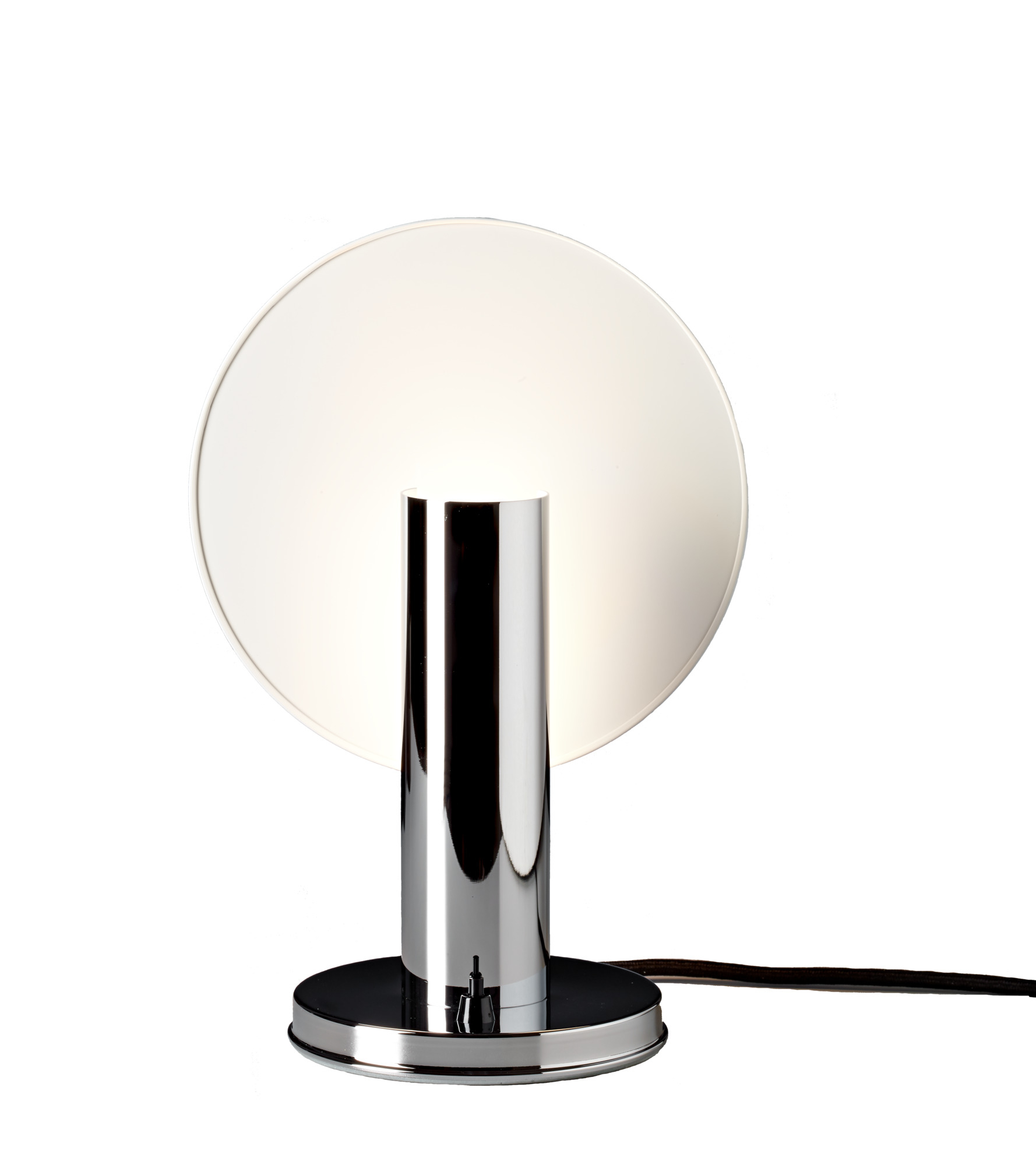 DS 36 Nachttischleuchte von Tecnolumen: Chromfarbene Lampe mit rundem, weißem Lampenschirm für Schlafzimmer.