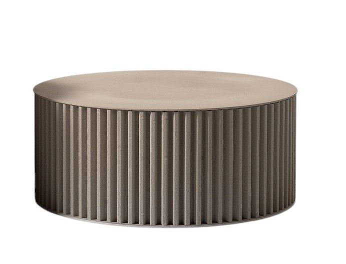 Herclino Couchtisch: Runder, geriffelter Outdoor-Couchtisch in Beige für Wohnzimmer oder Terrasse.