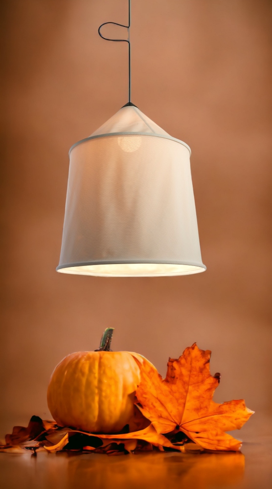 Beige Jaima Pendelleuchte für den Außenbereich über Kürbis und Herbstlaub. Marset Outdoor Lampe.