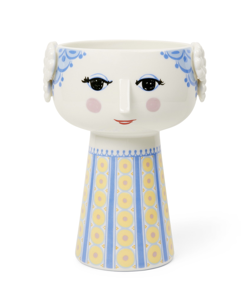 Hellblaue Eva Vase von Bjørn Wiinblad, H18,5cm, mit Gesicht und Muster. Dekorative Blumenvase für Zuhause.