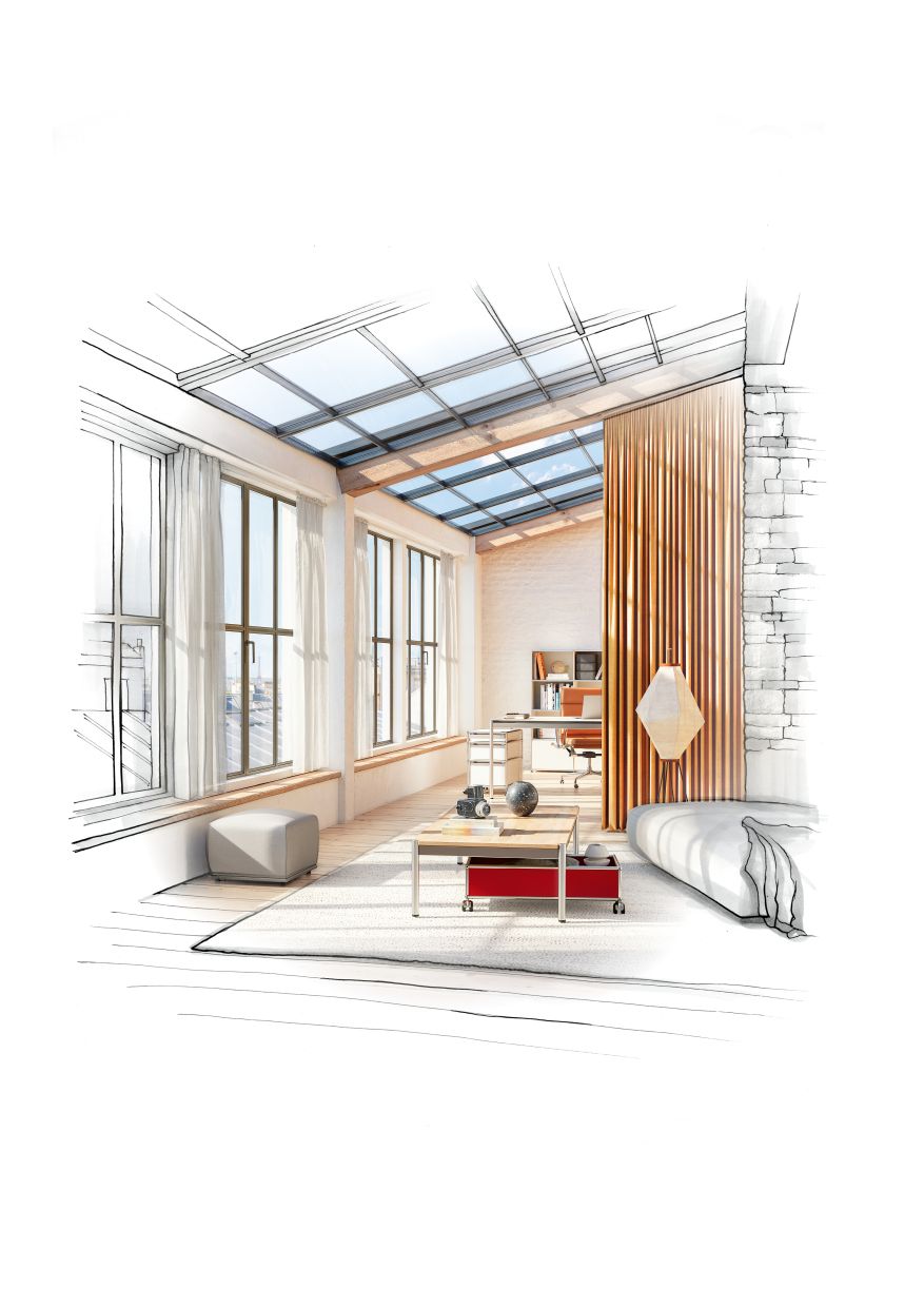 Heller Wohnraum mit USM Haller Tisch mit Rollbox in Rot und passenden Möbeln.