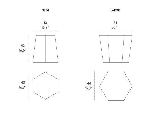 Skizze: Hexagon Hocker in zwei Größen, Slim und Large, mit Maßangaben.