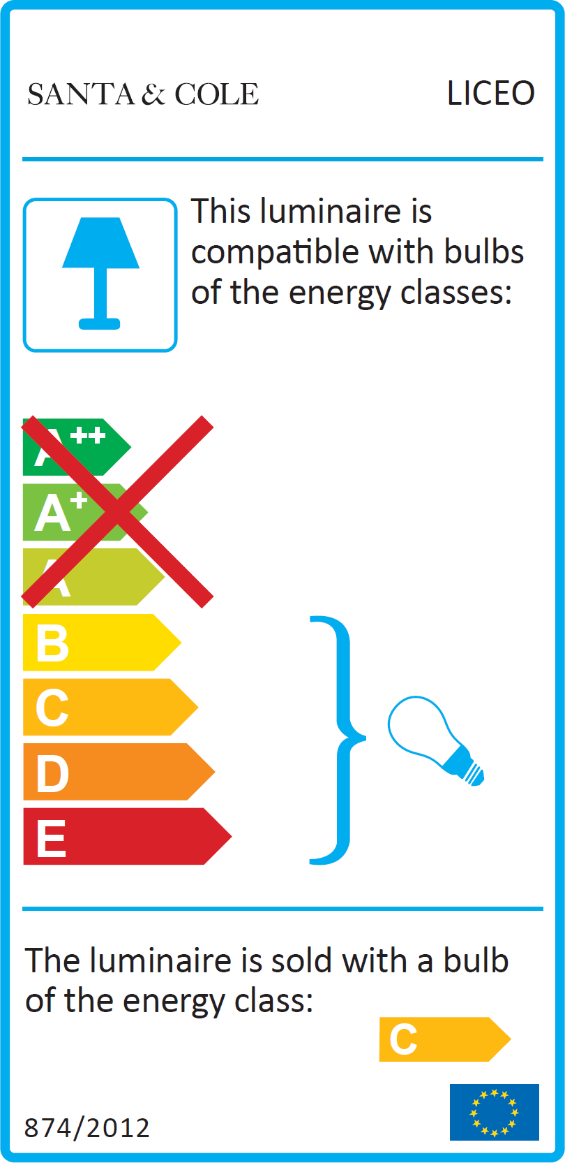Energieeffizienzlabel der Santa & Cole Liceo Pendelleuchte mit Kompatibilitäts- und Verkaufsklasse.