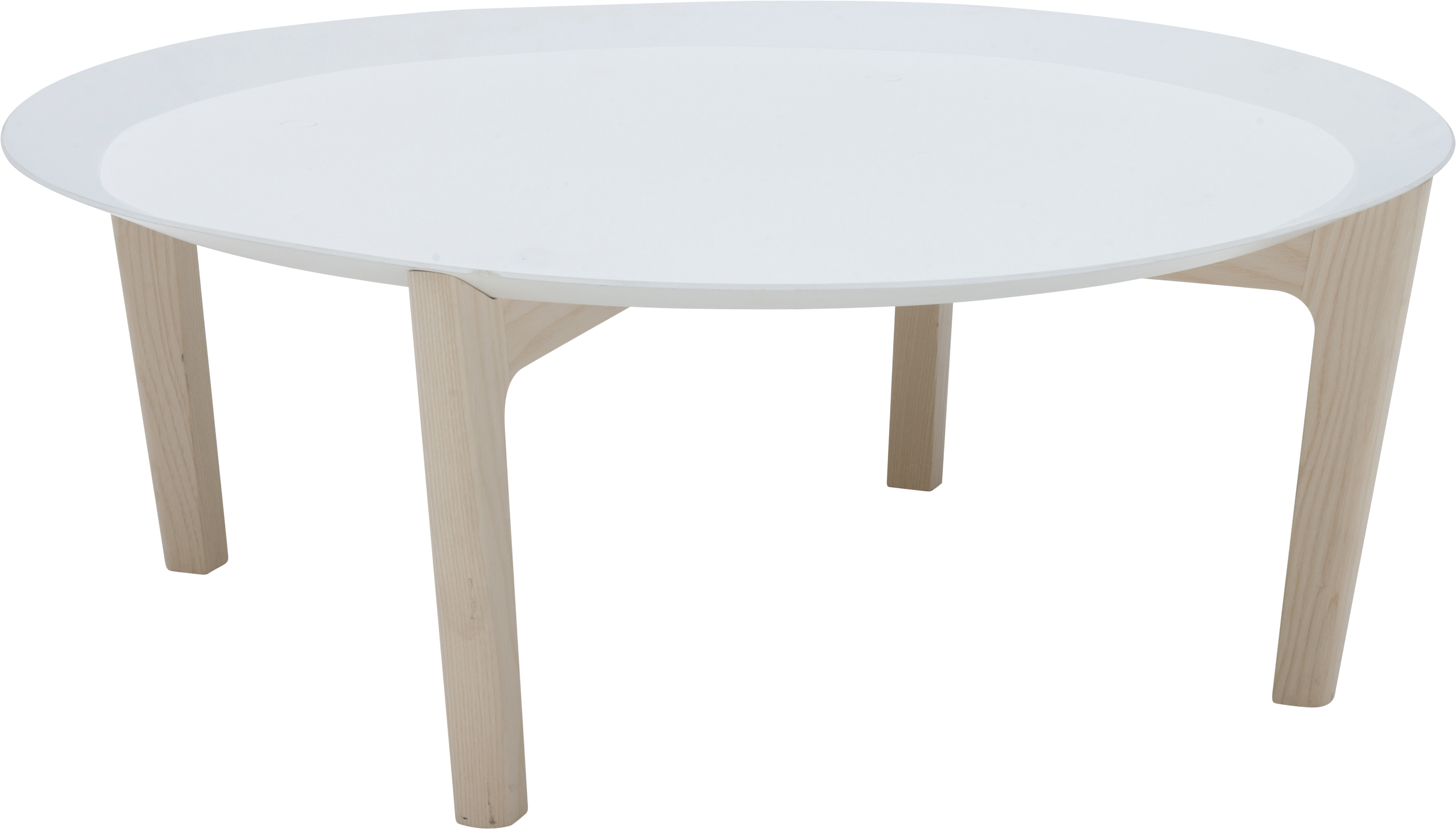Weißer Tray Beistelltisch Softline mit runder Tischplatte und hellem Holzgestell, ideal als Couchtisch oder Nachttisch.