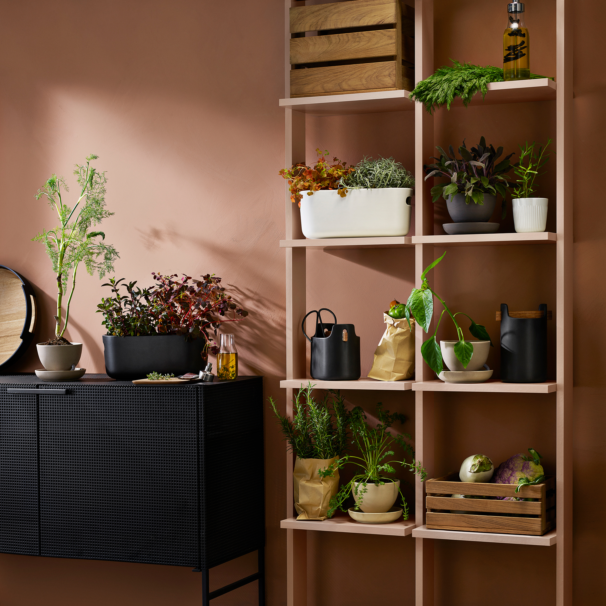 Eva Solo Kräutertopf: Selbstbewässernder Kräuter-Organiser mit frischen Kräutern auf einem Regal und Sideboard. Ideal für Küche und Balkon.