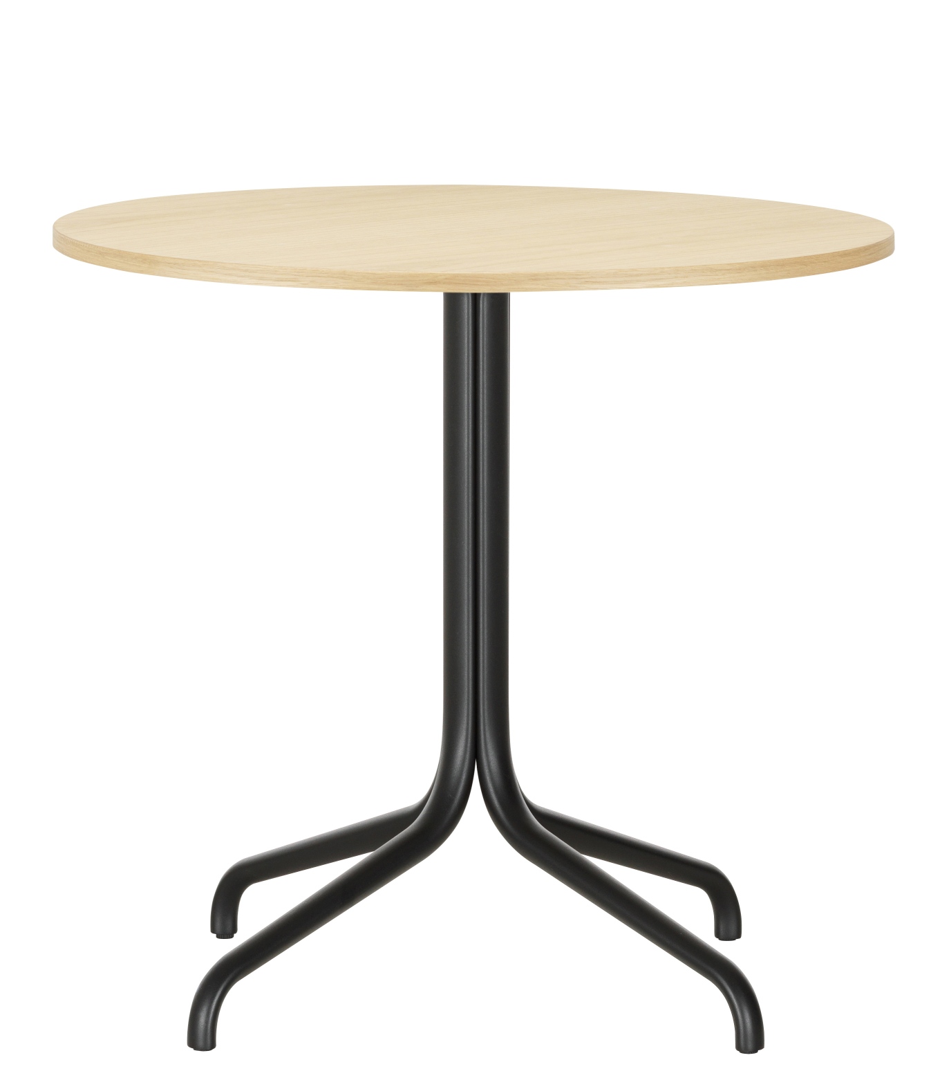 Runder Belleville Tisch von Vitra mit hellem Holz und schwarzem Metallgestell.