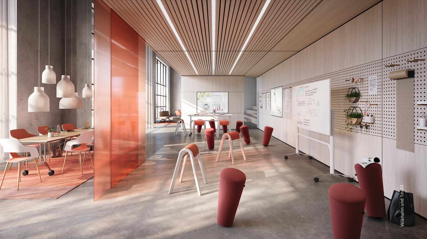 Büro mit Wilkhahn Stühlen in Mango, ergonomische Sitzmöbel für modernes Arbeiten und Konferenzen.