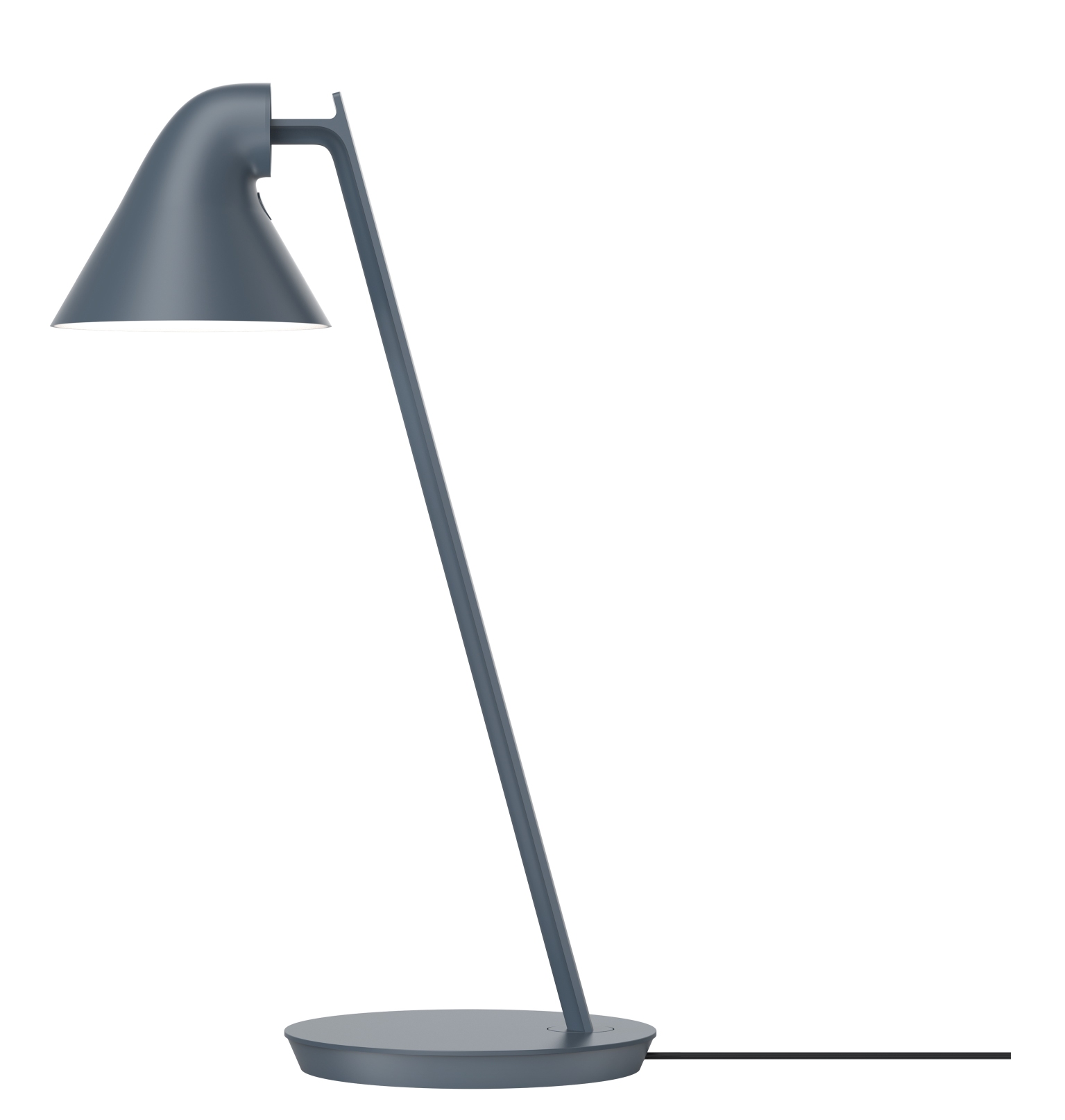 Graue NJP Mini Tischleuchte von Louis Poulsen, moderne Schreibtischlampe mit Kegelform und minimalistischem Design.