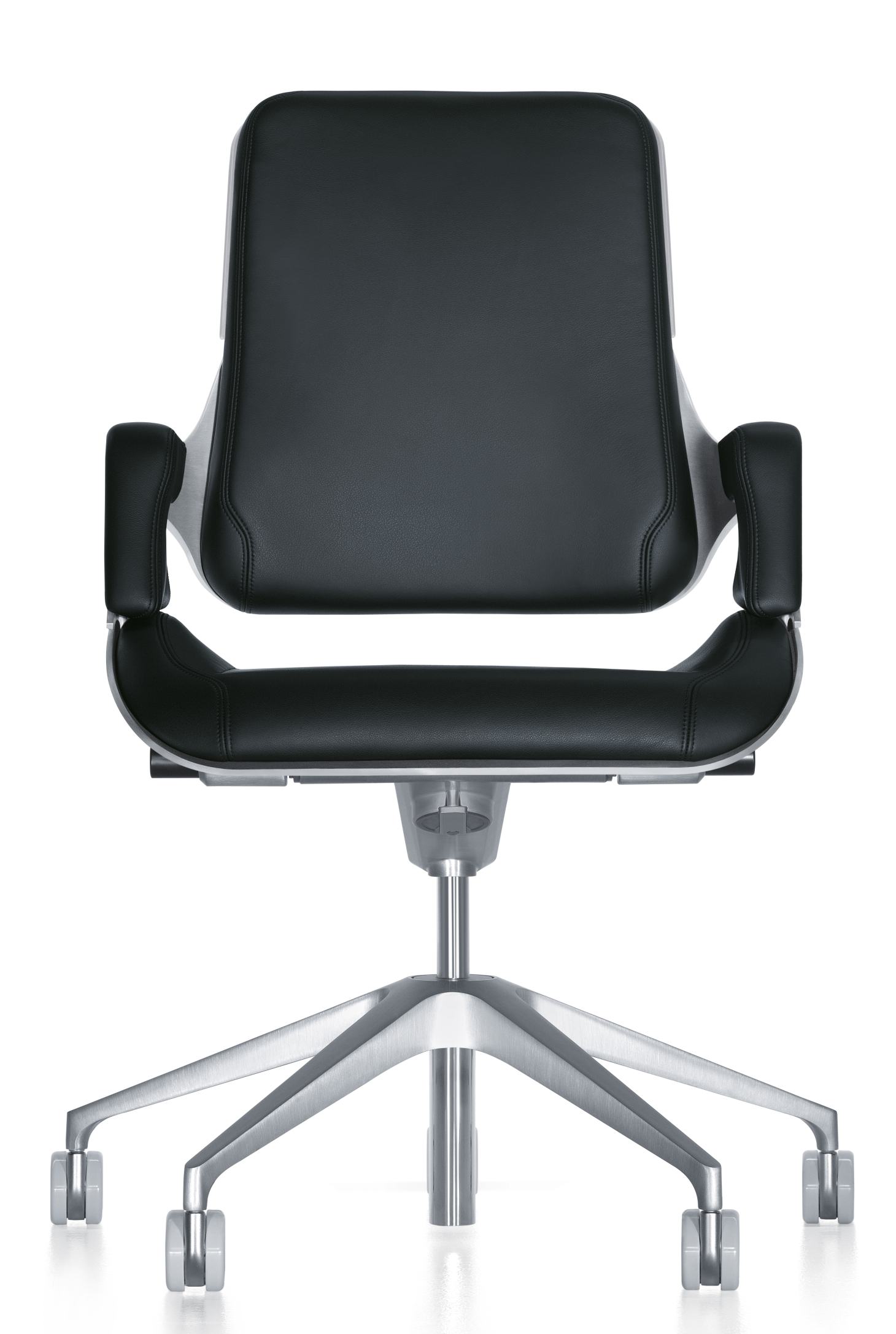 Ansicht von vorne: Interstuhl Silver Bürostuhl SV10P mit schwarzem Leder, ergonomisch und modern.