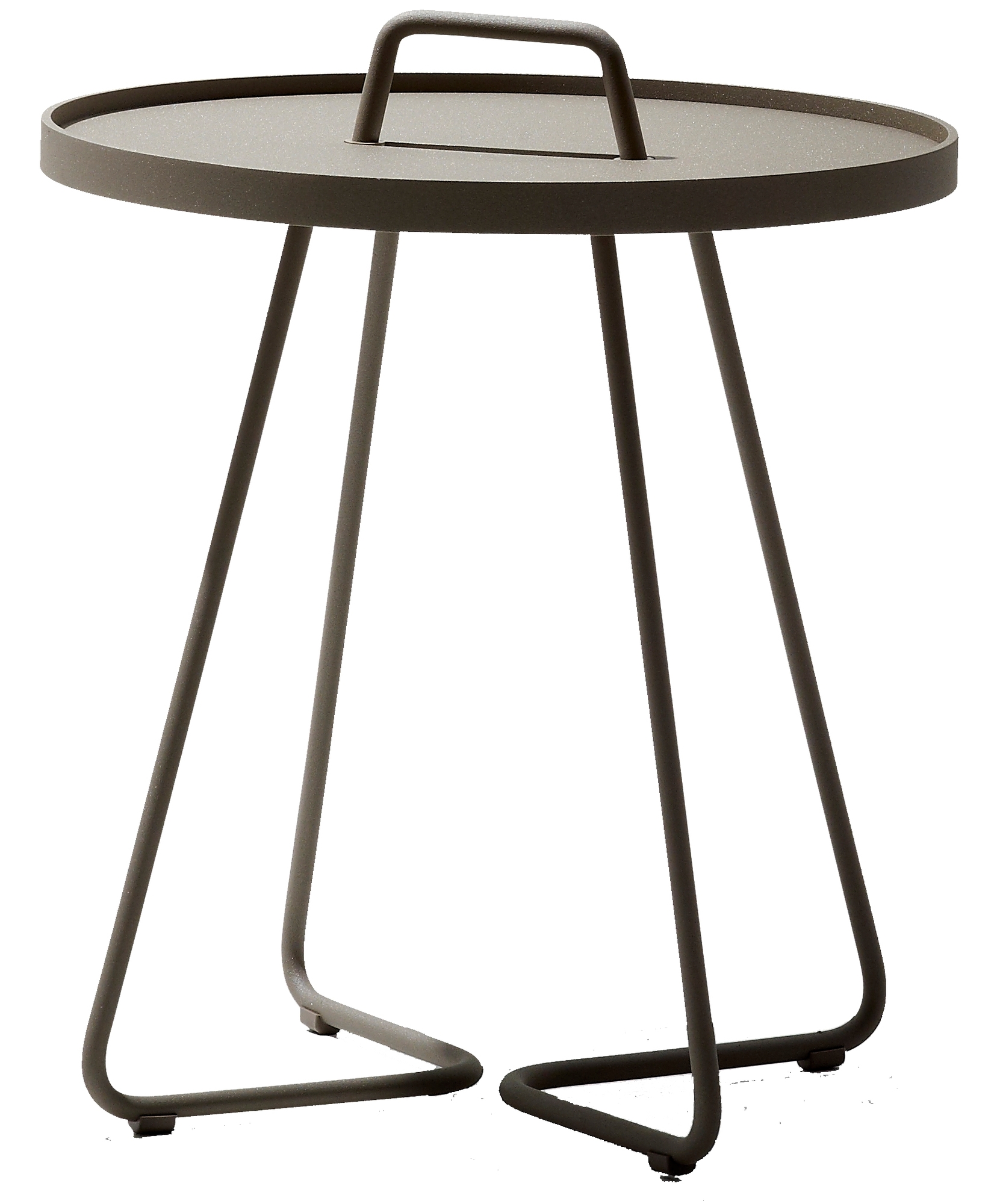 On-The-Move Beistelltisch Taupe: Runder Outdoor Tisch mit Griff, ideal für Garten und Terrasse.