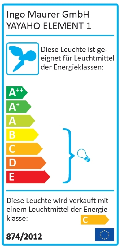 Energielabel der Ingo Maurer YAYAHO Element 1 Lampe, Energieeffizienzklasse C, geeignet für Leuchtmittel A++ bis E.