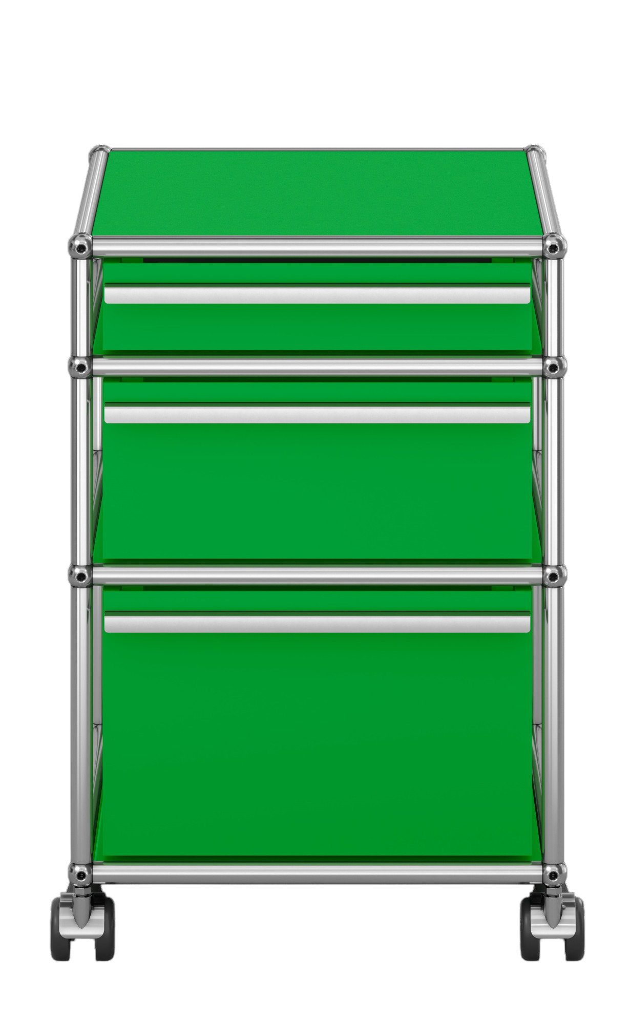 Grüner USM Haller Rollcontainer mit drei Schubladen und verchromtem Gestell, Frontansicht.