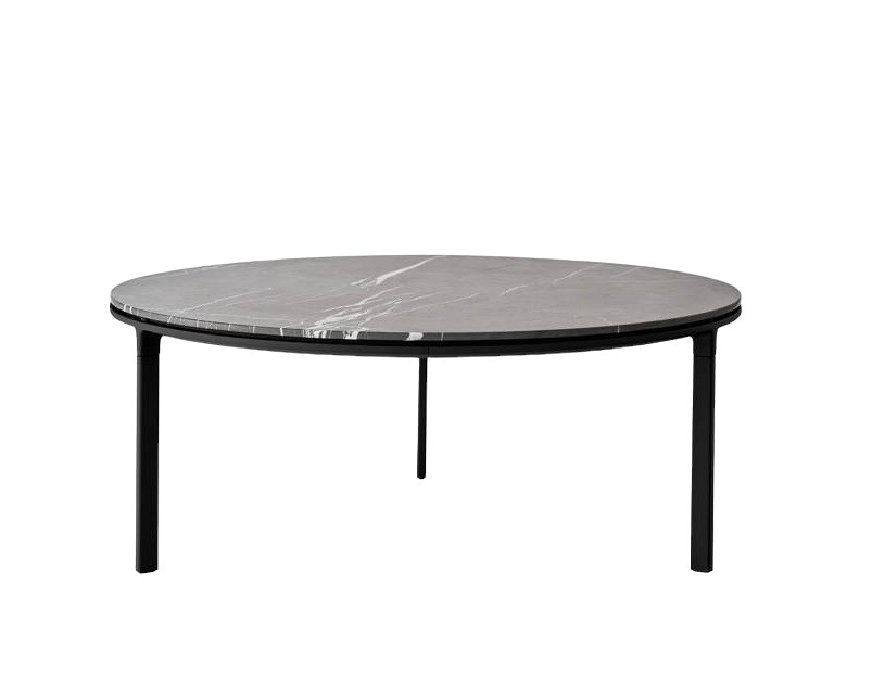 Runder Couchtisch Vipp mit grauer Marmorplatte und schwarzem Metallgestell, modernes Design.