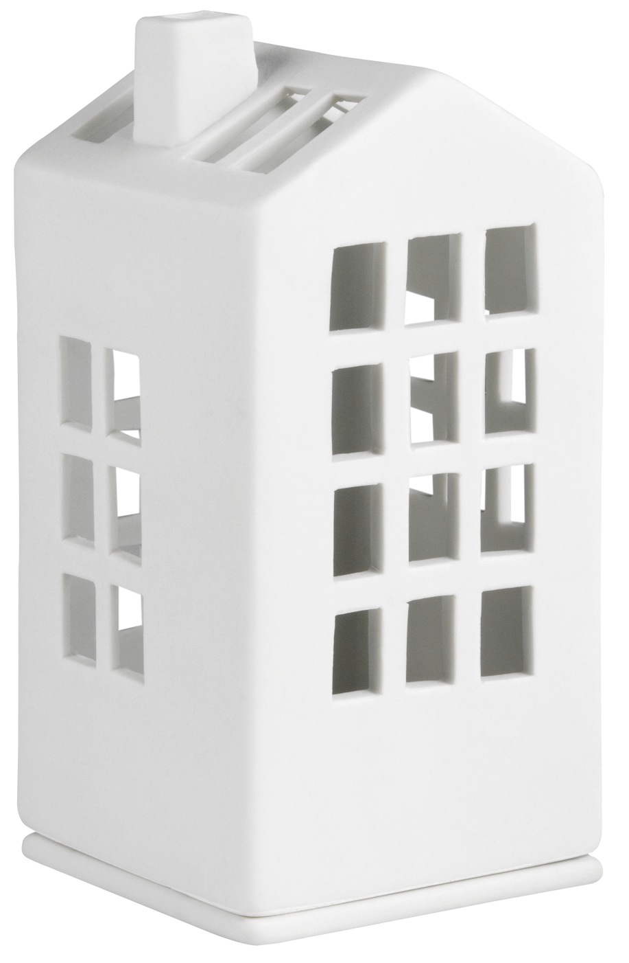 Weißes Living Mini Lichthaus Rathaus Räder, ein dekoratives Keramikhaus mit Fensteröffnungen für stimmungsvolles Licht.