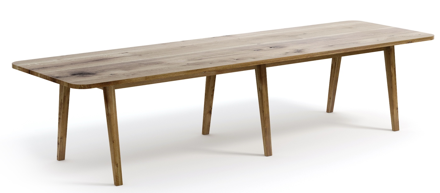 Lav Esstisch: Rechteckiger Holztisch mit abgerundeten Ecken und schrägen Beinen auf weißem Hintergrund.