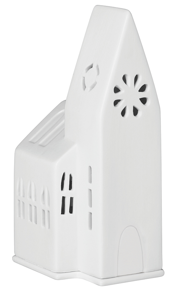 Zuhause Lichthaus kleine Kirche Räder, weiße Keramik Dekoration für Weihnachten und Winterzeit.