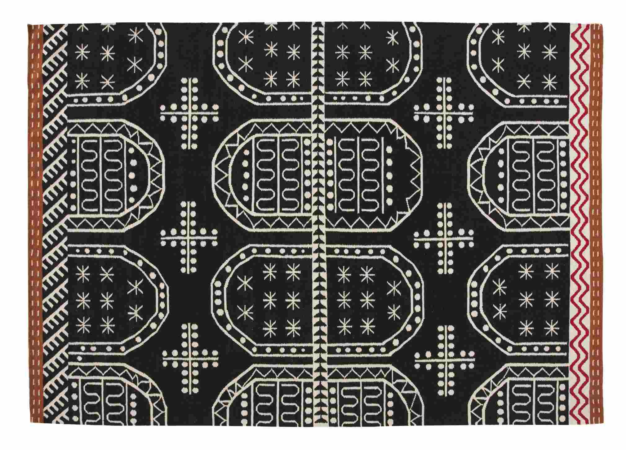Kilim Teppich Tasili mit geometrischen Mustern in Schwarz und Weiß, Größe 170x240 cm.
