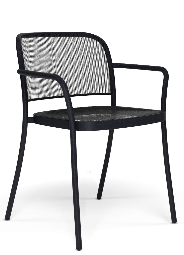 Schwarzer Café Armchair von Emu, ein moderner Outdoor Stuhl mit Armlehnen und Netzstruktur.