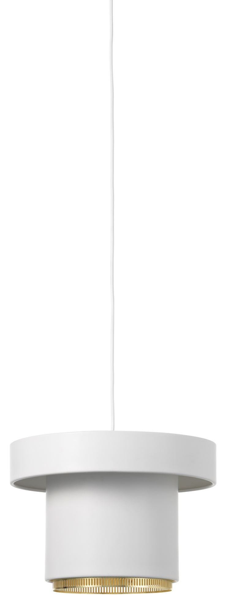 Weiße Artek A201 Pendelleuchte mit Messingdetails, moderne Hängelampe für Wohnzimmer und Esszimmer.