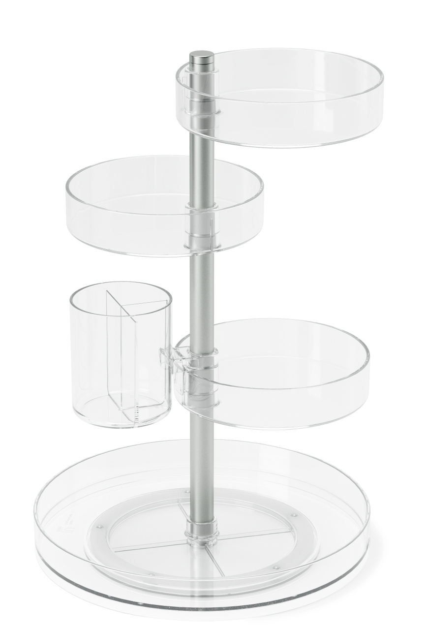 Transparenter, drehbarer Pirouette Organizer von Umbra mit vier Ebenen und Stifthalter für Büro oder Bad.