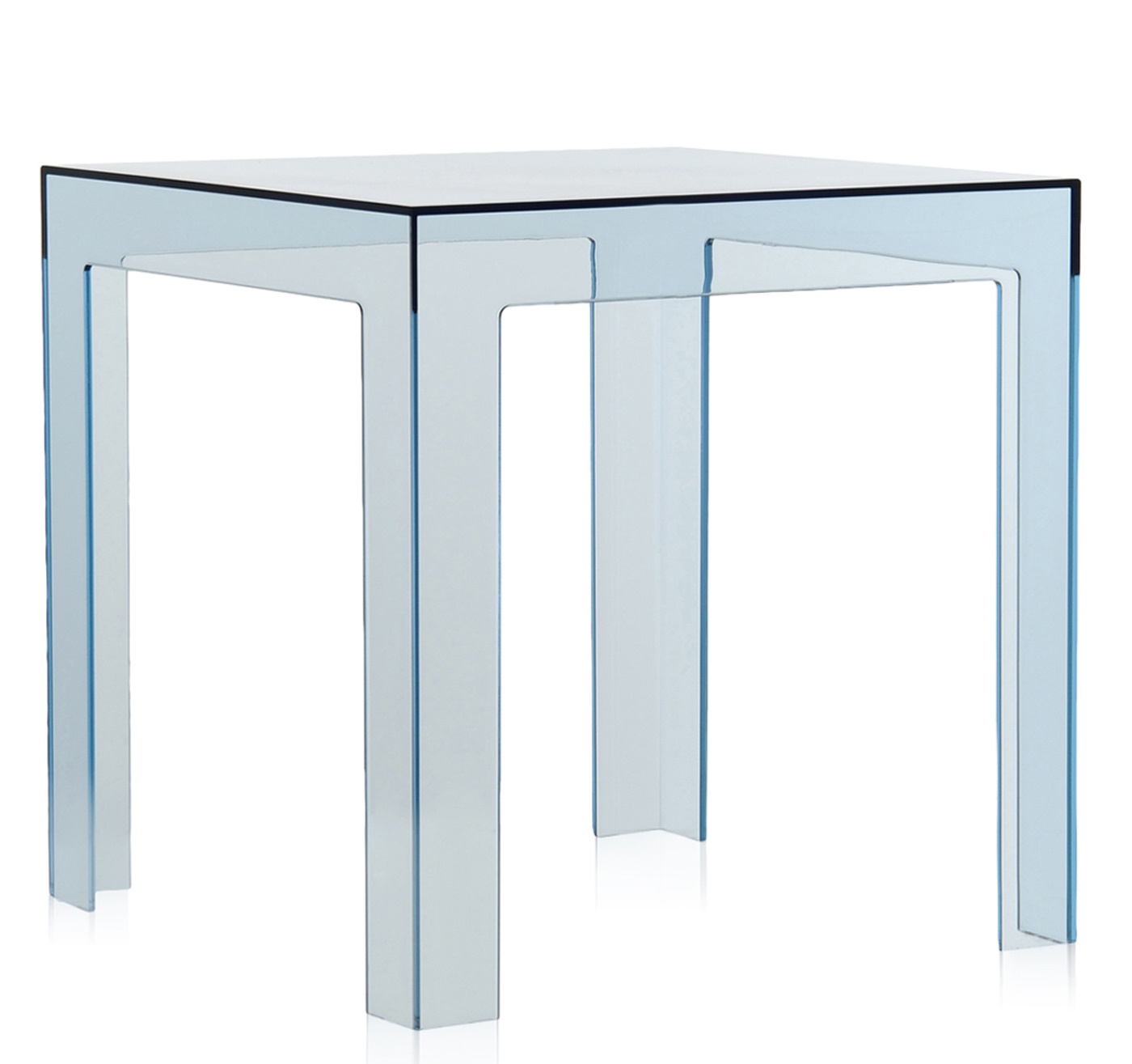 Blauer Kartell Jolly Beistelltisch aus transparentem Kunststoff, quadratisch, moderne Möbel für Wohnzimmer und Büro.