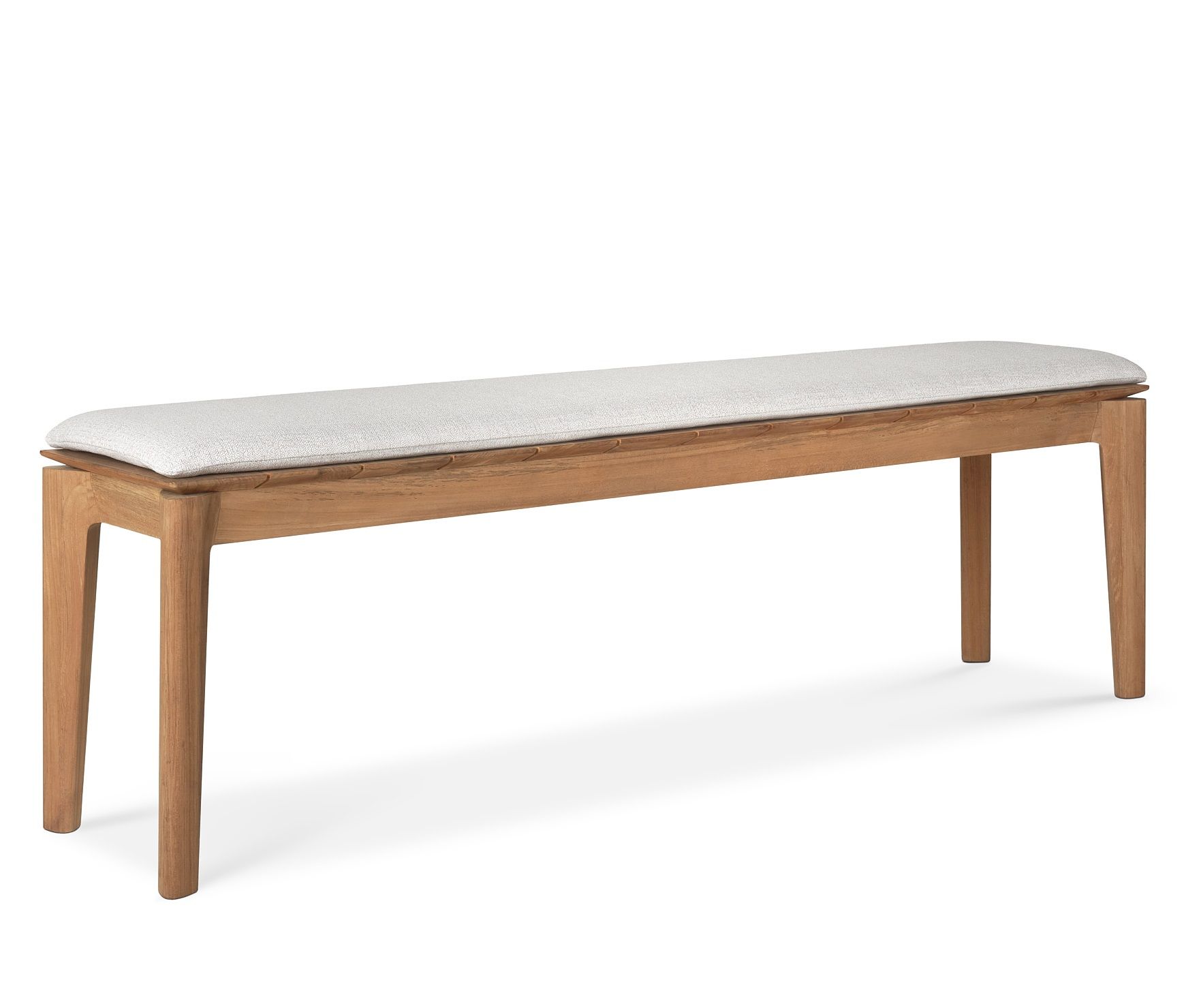 Bok Outdoor Bank aus Teakholz für drei Personen mit hellgrauem Sitzkissen.