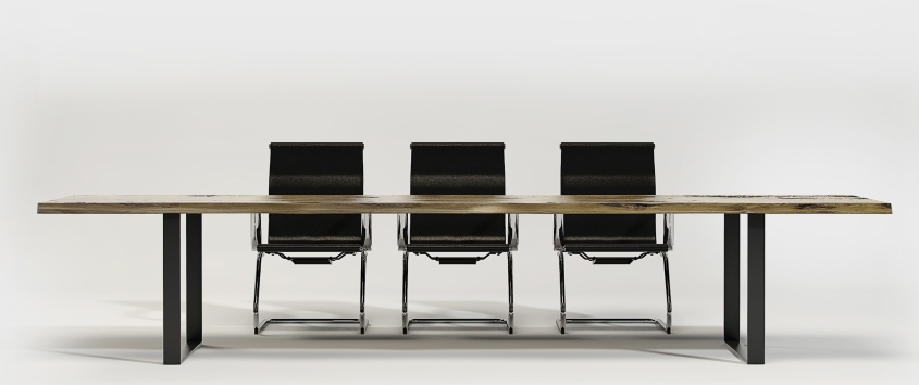 Classic Esstisch Trebord: Langer Holztisch mit schwarzen Metallbeinen und drei schwarzen Stühlen. Moderner Esstisch für Esszimmer.