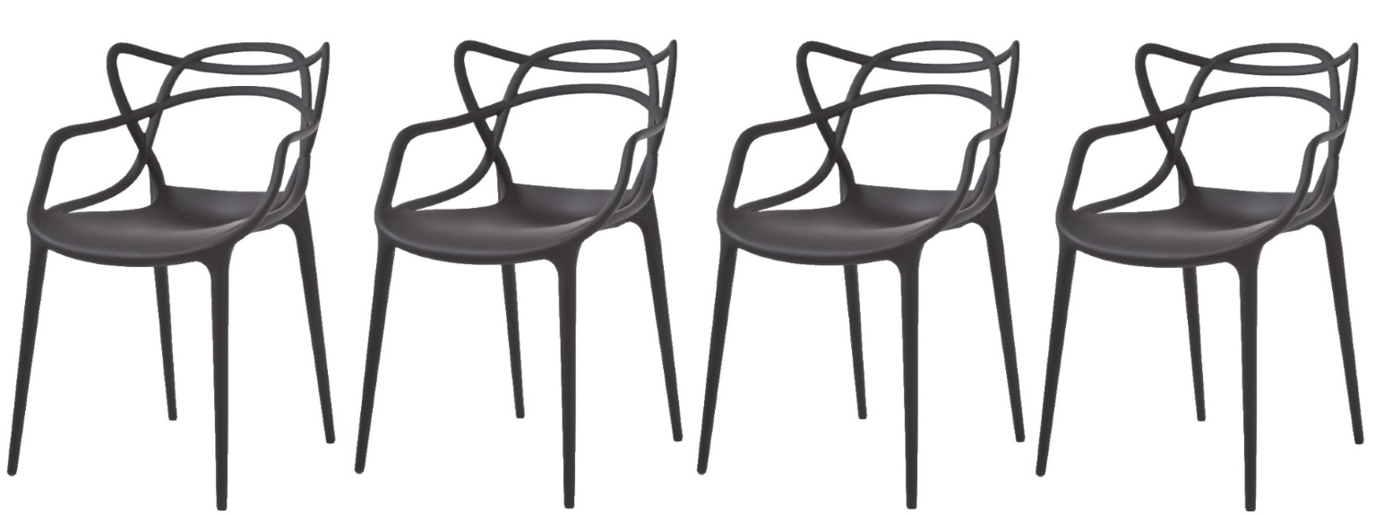 Bild von vier schwarzen Kartell Masters Stühlen mit Armlehnen, modernes Design.