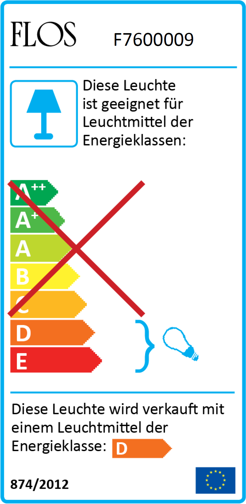 Energielabel der Flos Toio Stehleuchte mit Energieeffizienzklasse D und Eignung für Leuchtmittel verschiedener Energieklassen.