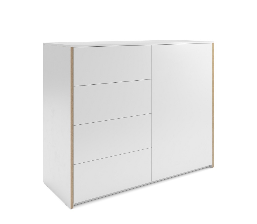 Weiße Modular Plus Kommode von Müller Möbelwerkstätten mit drei Schubladen und einer Tür.