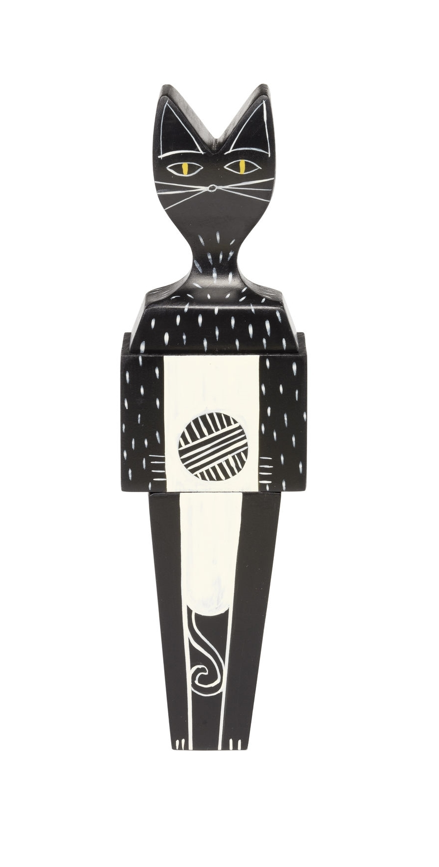 Holzfigur Katze, dekoratives Designobjekt, handbemalt in Schwarz und Weiß, moderne Holzskulptur für Wohnaccessoires.