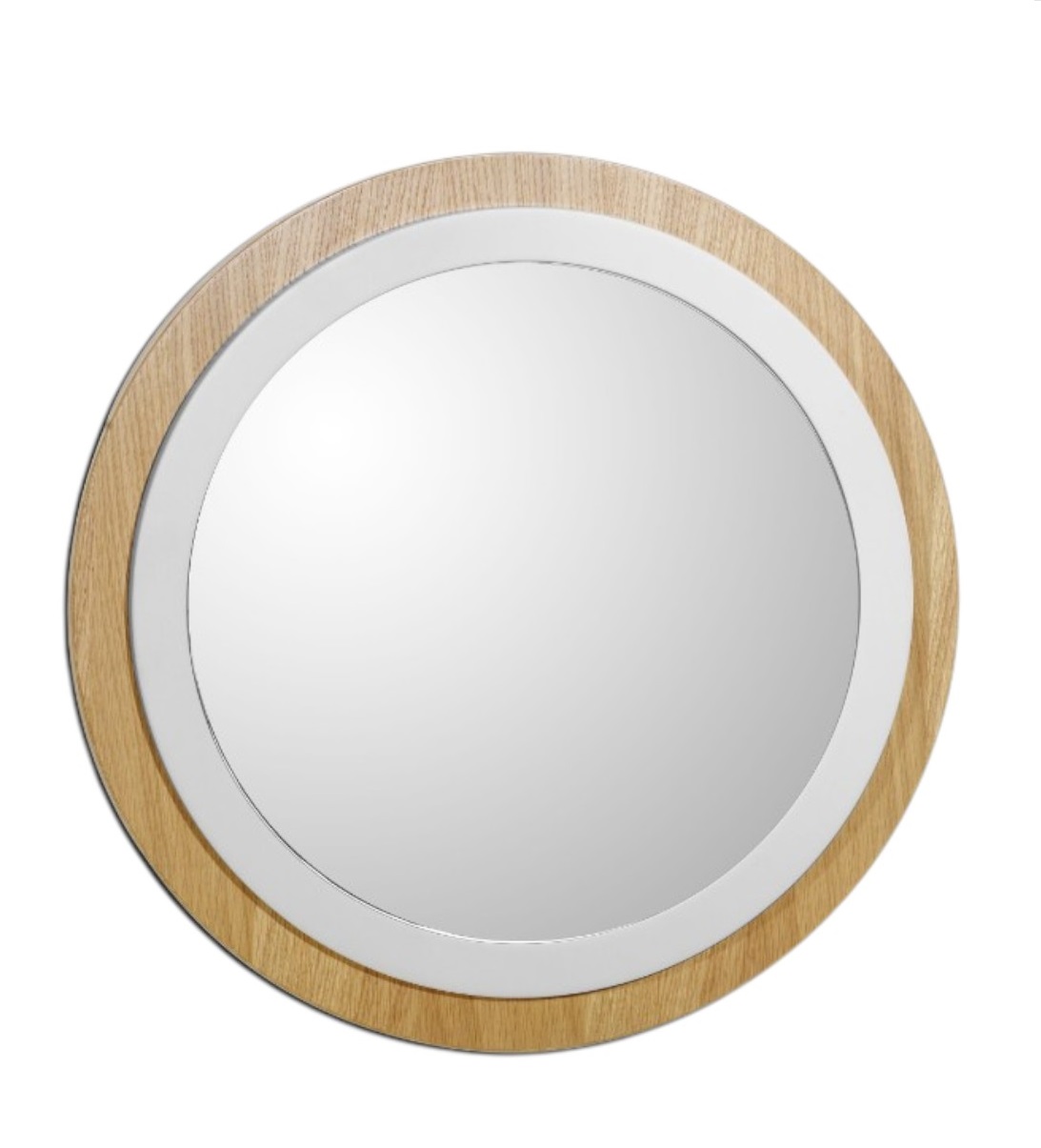 Runder Spiegel "Back to Bauhaus" mit Holzrahmen und weißem Innenring. Design Spiegel.