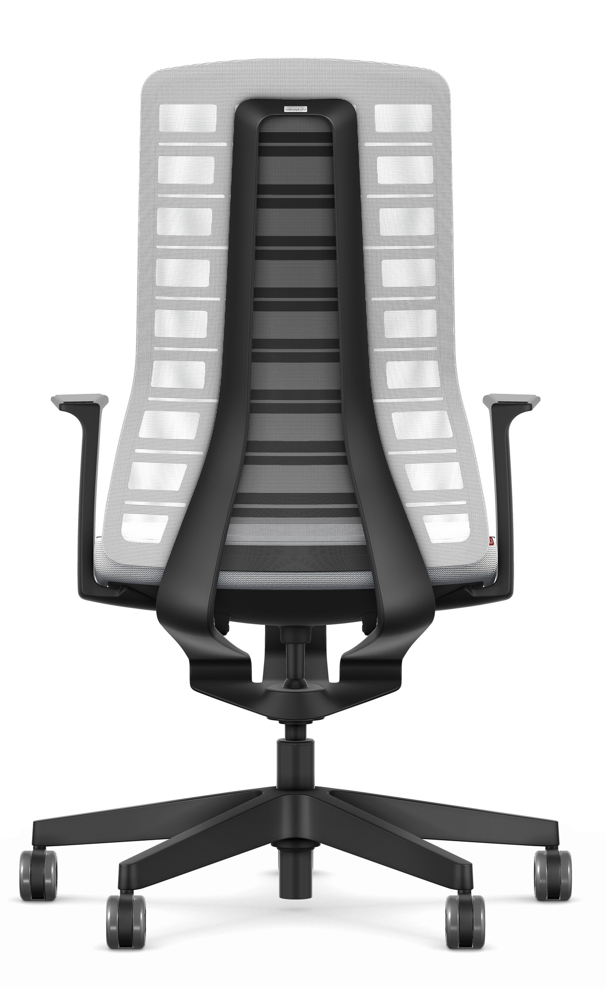 Rückansicht des Interstuhl Bürodrehstuhls Pure Edition in Weiss-hellgrau mit schwarzem Gestell.