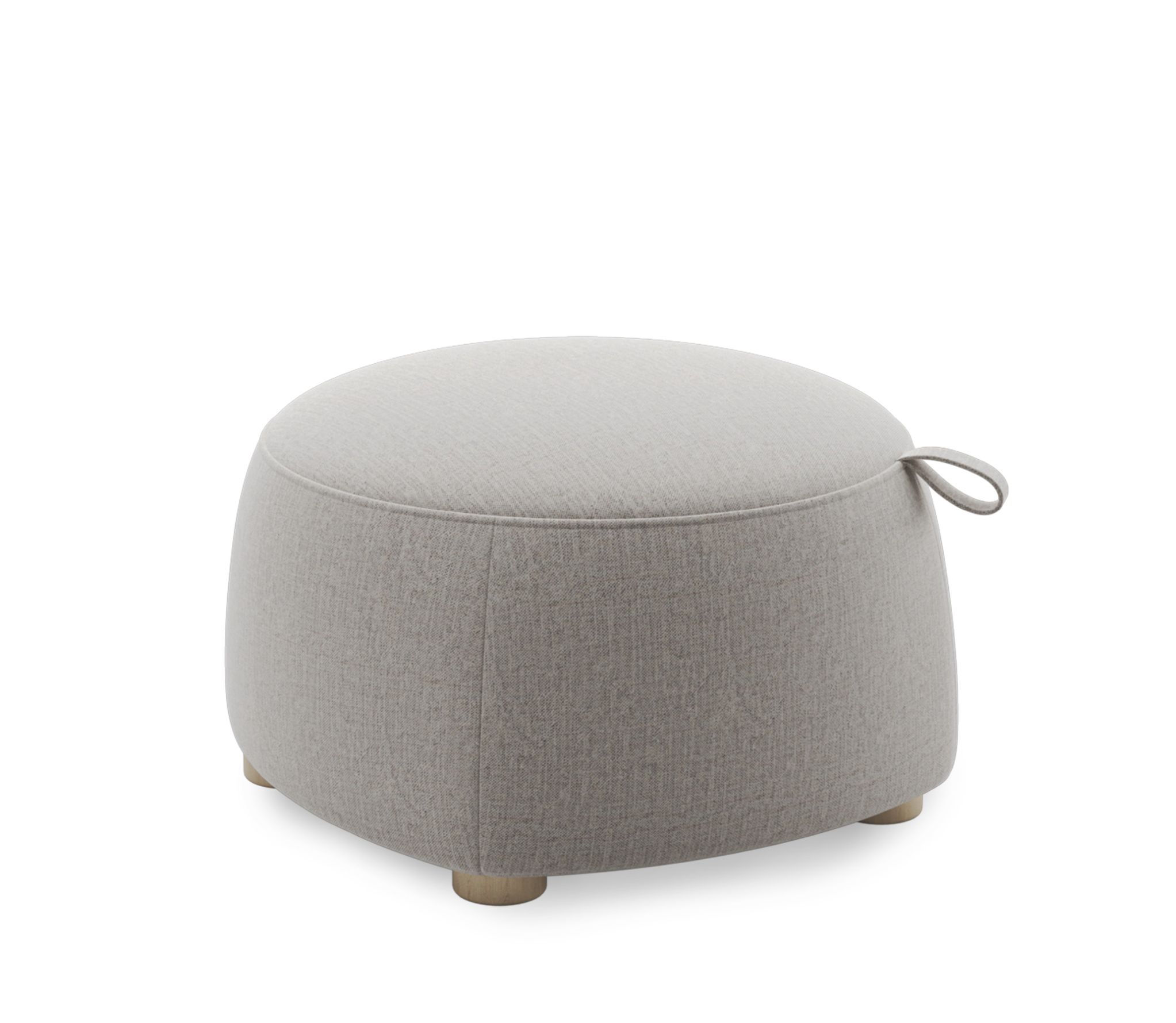 Gem Hocker hellgrau: Gepolsterter, runder Hocker mit Tragegriff und Holzfüßen, ideal als Sitzgelegenheit oder Fußhocker.