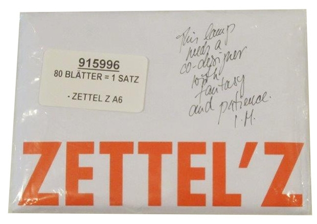 Zettelsatz für Ingo Maurer Zettel'z Leuchte, bedruckt und unbedruckt, 80 Blatt A6, Detailansicht.