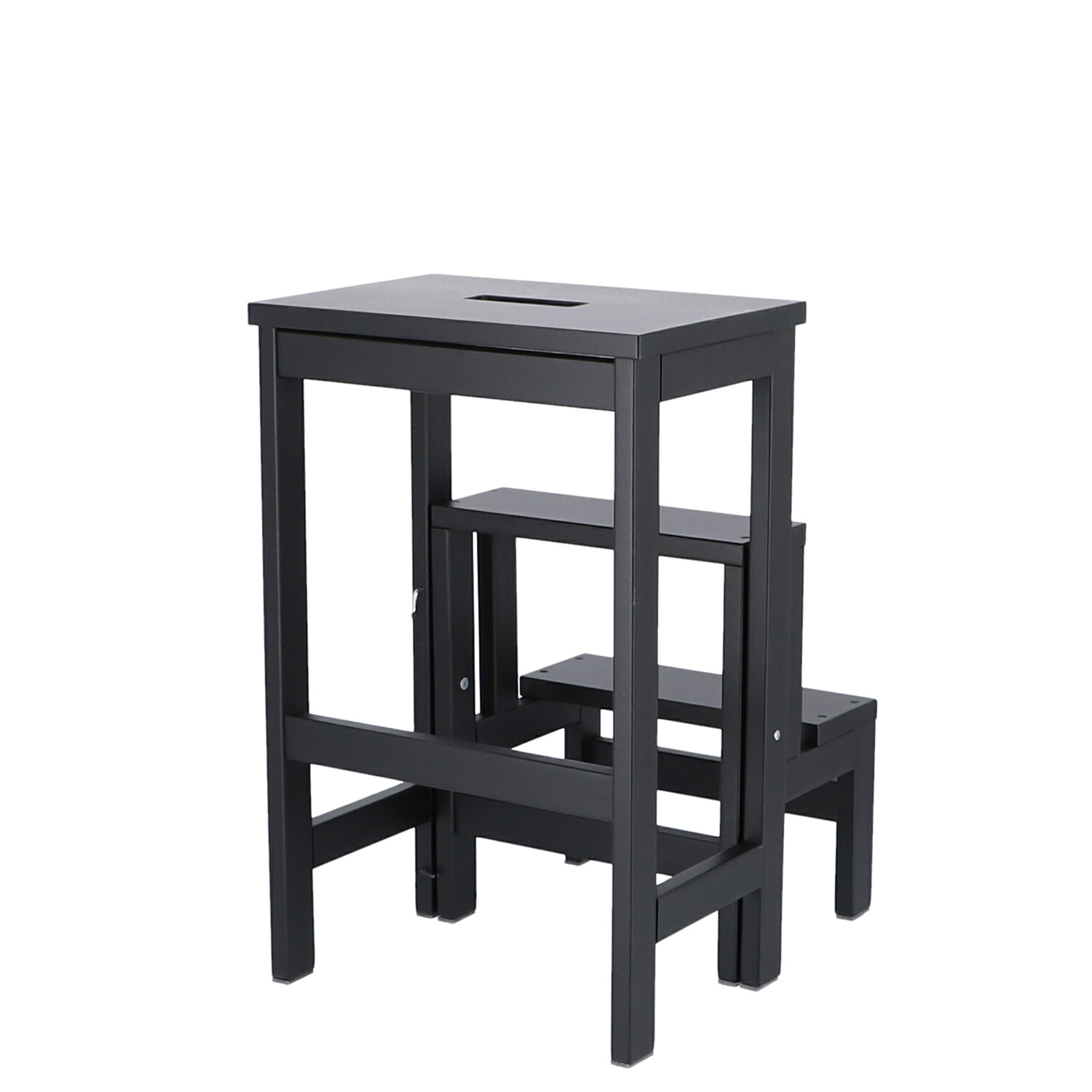 Schwarze Soho Hockerleiter von Jan Kurtz, umwandelbar in eine kleine Trittleiter mit zwei Stufen.