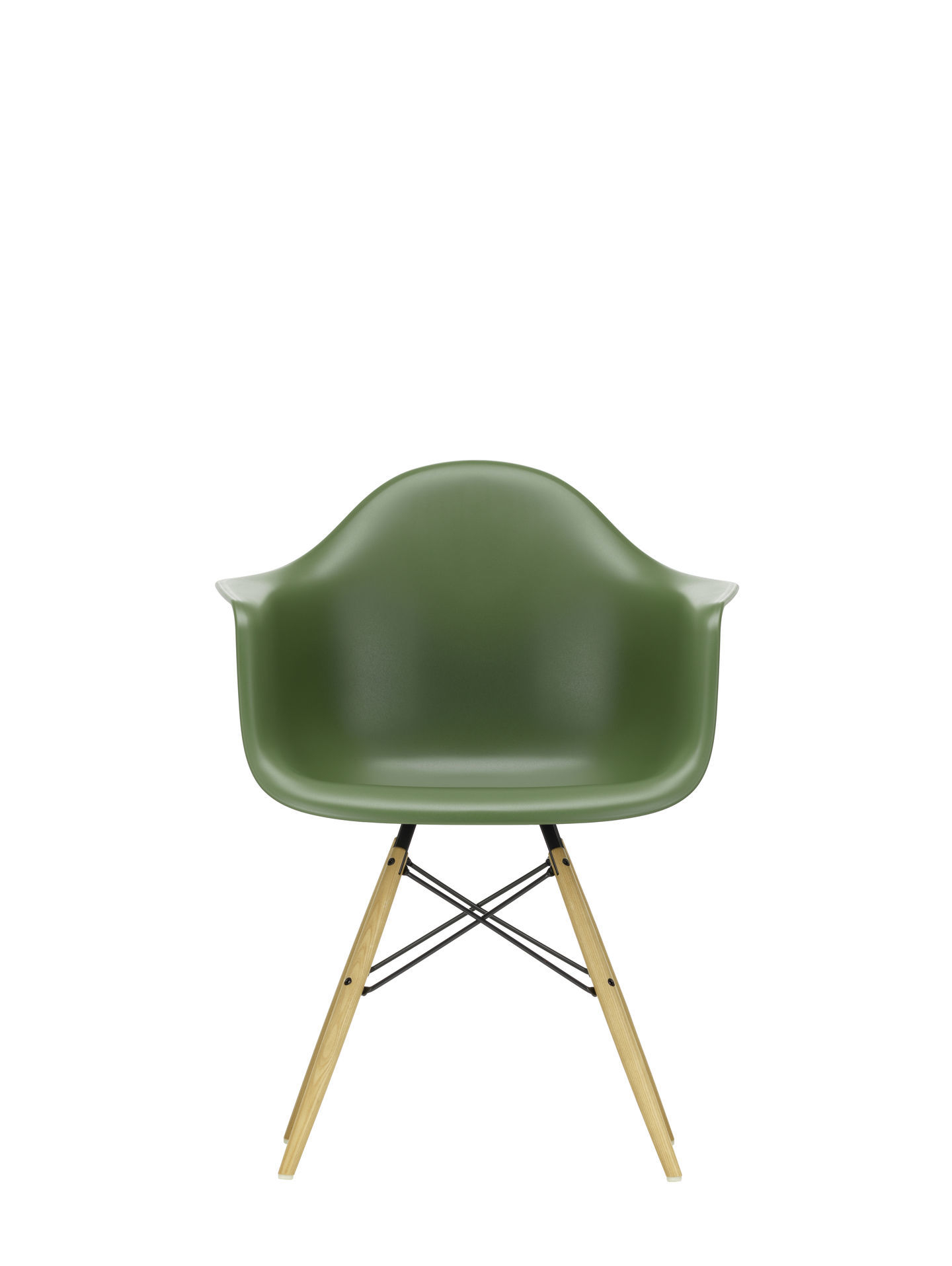 Vitra Eames Plastic Arm Chair DAW Stuhl in Moosgrau mit Ahorn-Holzbeinen und schwarzem Gestell.