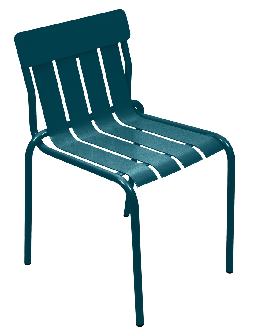 Blauer Stripe Chair Stuhl von Fermob für den Außenbereich, Stahl, Lattenmuster, moderne Gartenmöbel.