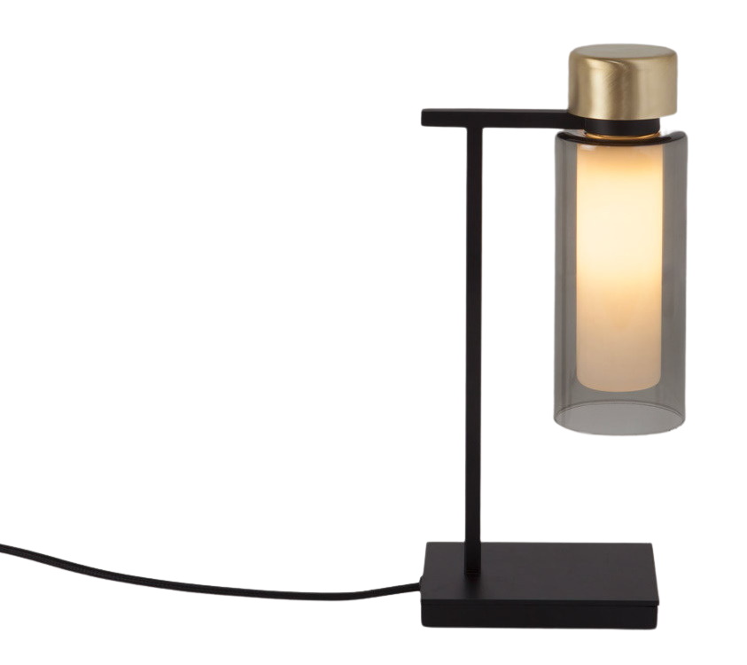 Osman Tischleuchte von Tooy: Moderne Nachttischlampe mit schwarzem Gestell und zylindrischem Glaslampenschirm.