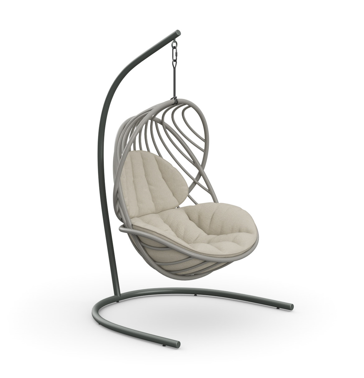 Kida Hängesessel von Dedon mit Standfuß: Grauer Outdoor-Sessel mit beigen Kissen zum Entspannen.