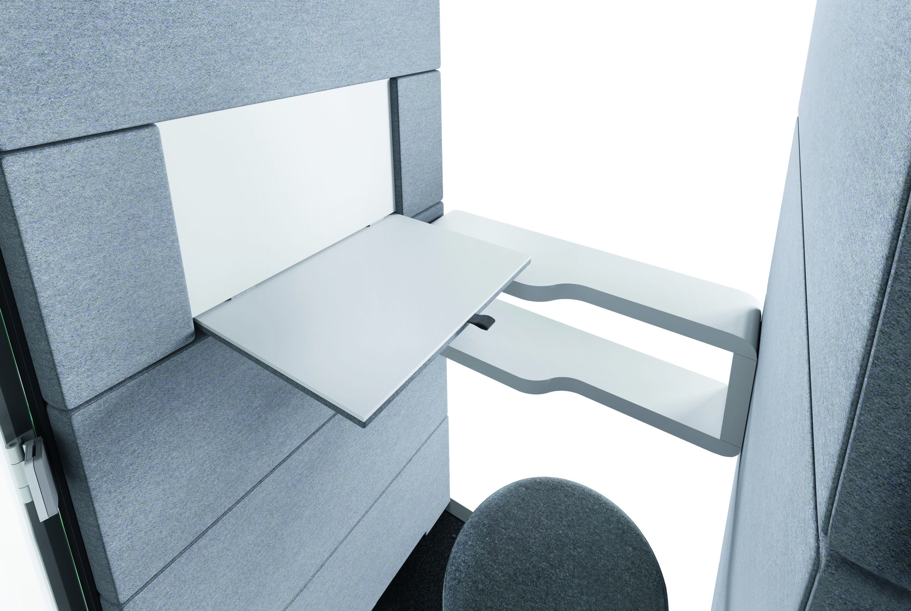 Graue Telefonzelle mit ausklappbarem, weißem Schreibtisch und Hocker für ungestörtes Arbeiten im Büro.