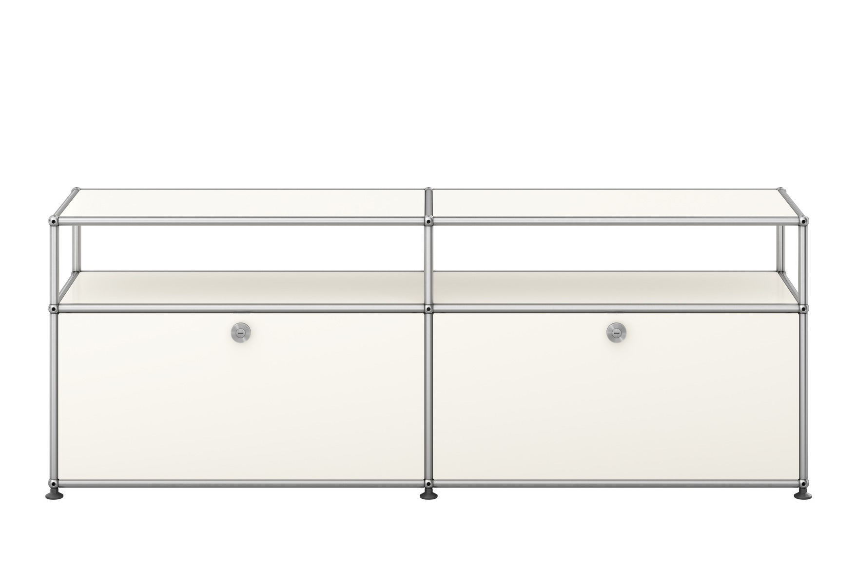 Weißes USM Haller Sideboard mit zwei Schubladen und offenen Fächern, ideal als TV- und Hi-Fi-Möbel.