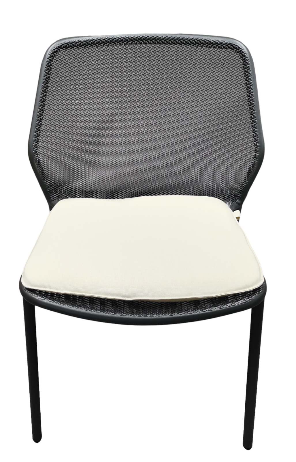 Darwin Stuhl Eisen Antik mit Sitzkissen, Ansicht von vorne. Gartenstuhl, Terrassenstuhl, Metallstuhl.