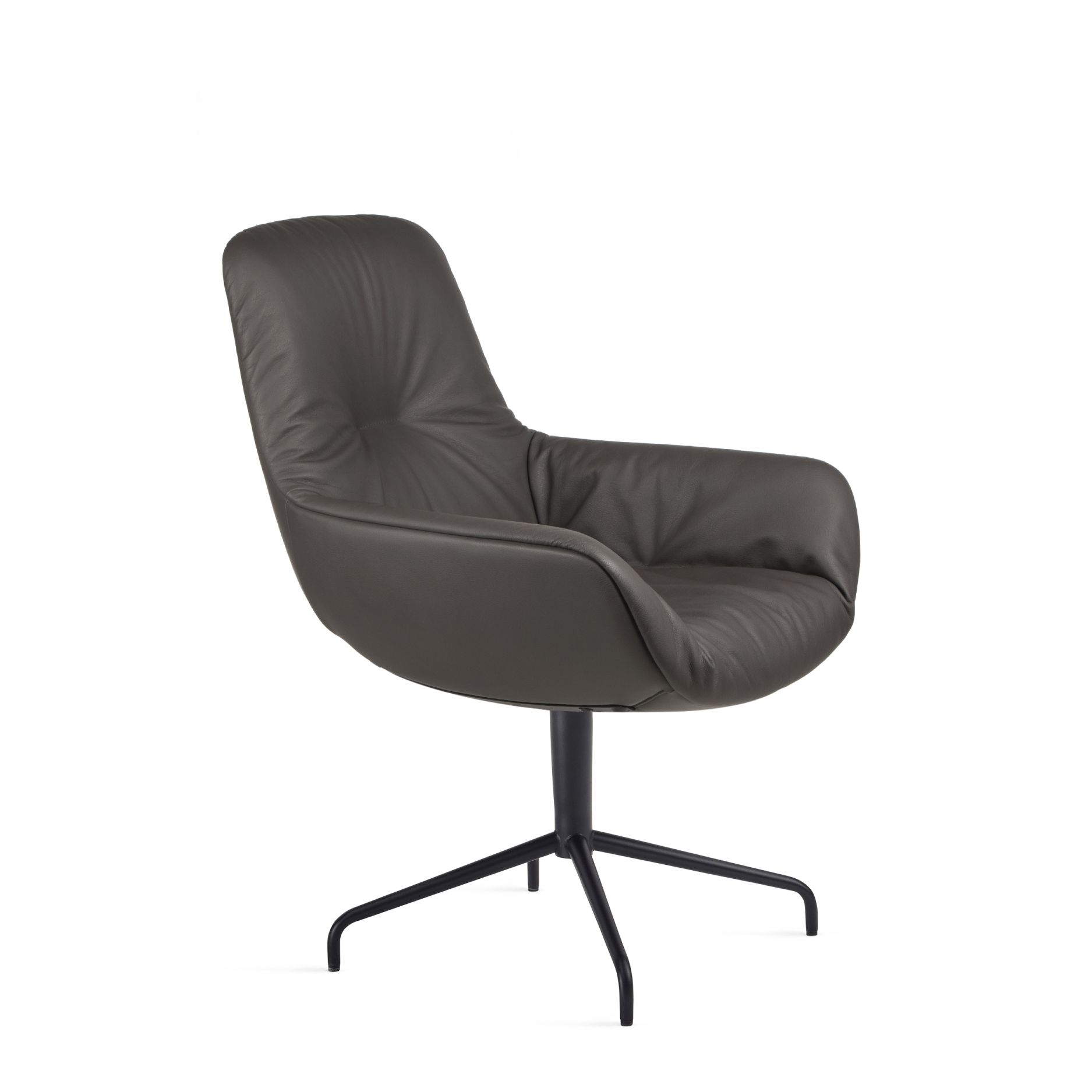 Leya Lounge Chair von Freifrau Manufaktur, graues Leder, Drehstuhl mit schwarzem Fuß. Designermöbel für Wohnzimmer.