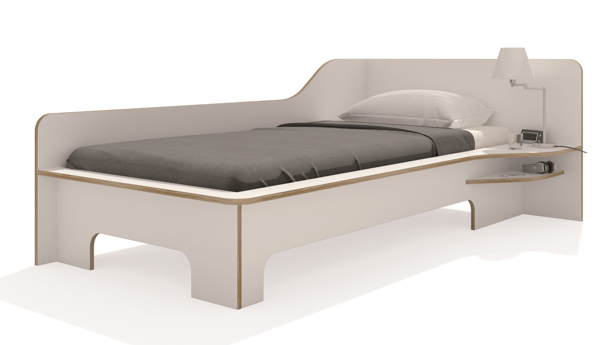 Weißes Plane Einzelbett von Müller Möbelwerkstätten mit Ablagefläche und Lampe. Modernes Design.