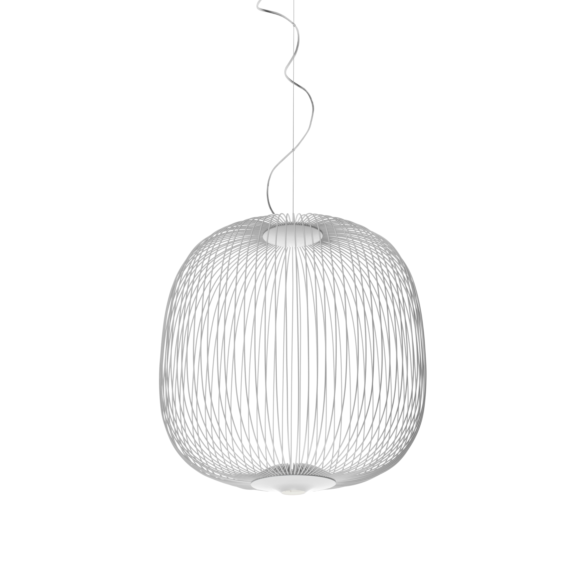 Weiße Foscarini Spokes Pendelleuchte: Moderne LED Lampe mit filigranem Drahtgestell für Wohnzimmer und Essbereich.