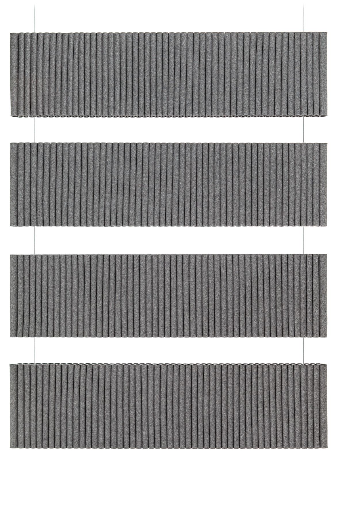 Graues Hey Sign Welle Hängemodul zur Akustikverbesserung mit vertikalen Lamellen und Aufhängevorrichtung, Detailansicht.