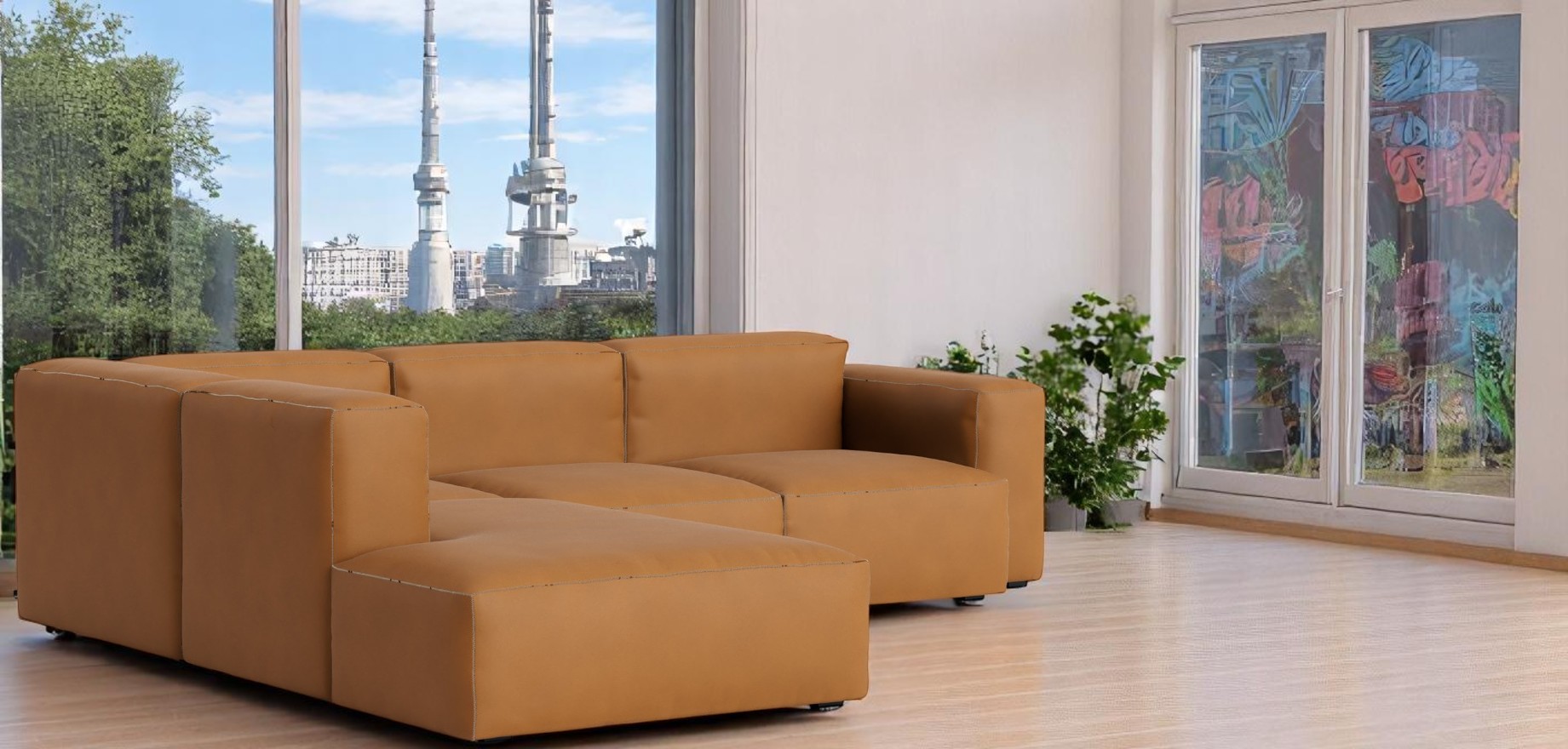 Hellbraunes Mags Sofa Eckkombination mit niedriger Armlehne links von Hay im modernen Wohnzimmer.