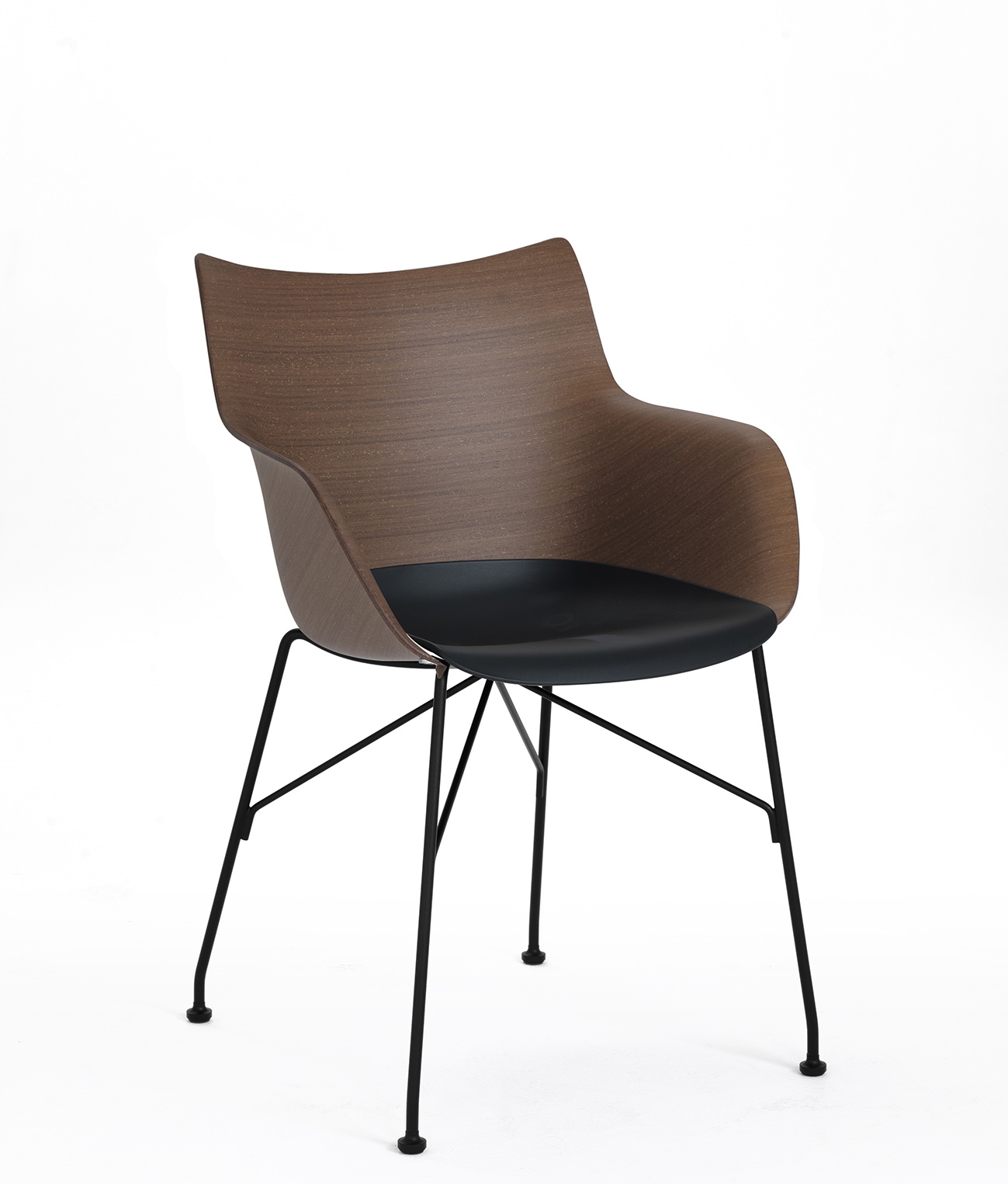 Q/WOOD Stuhl von Kartell: Holzoptik Schalenstuhl mit schwarzem Sitzpolster und filigranem Metallgestell.