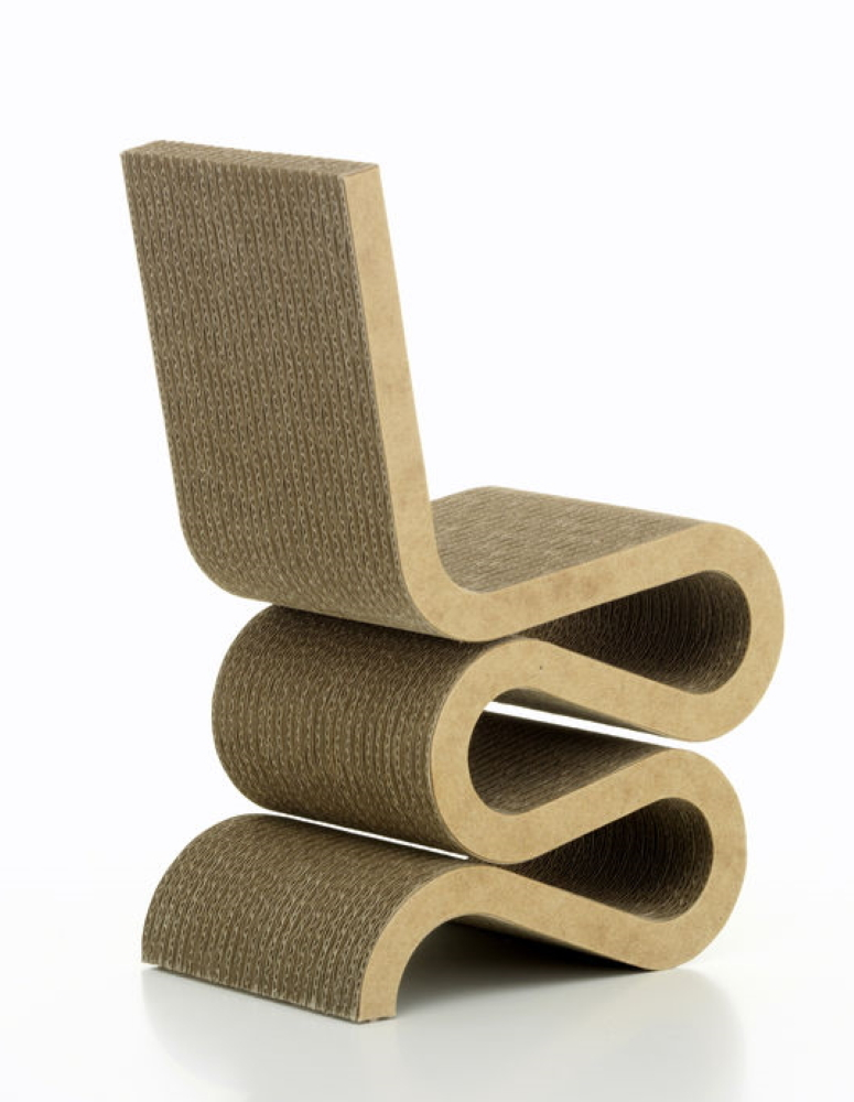 Vitra Wiggle Side Chair Stuhl aus brauner Wellpappe, modernes Designmöbel für Wohnzimmer und Büro.